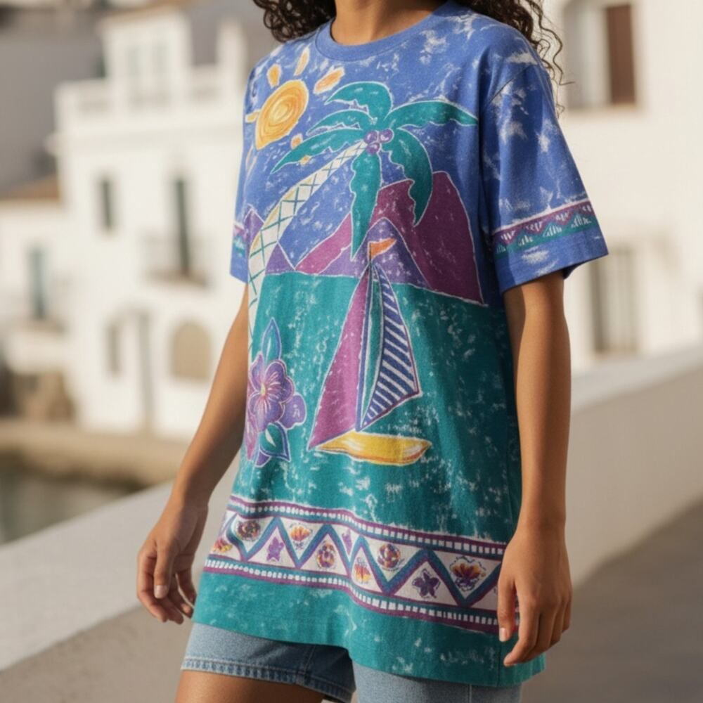 Vintage 1990s Jantzen Beach Shirt Shirt Sleeve Sailboat Palm Tree Sun Large